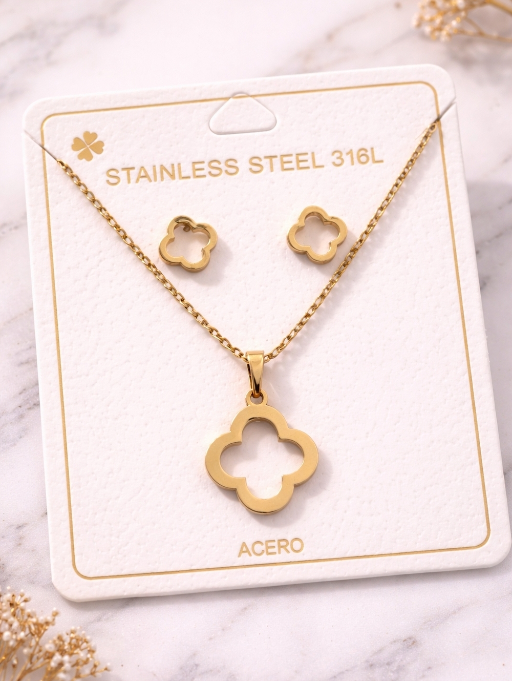 Gold Clover Stainless Steel Necklace & Earring Set